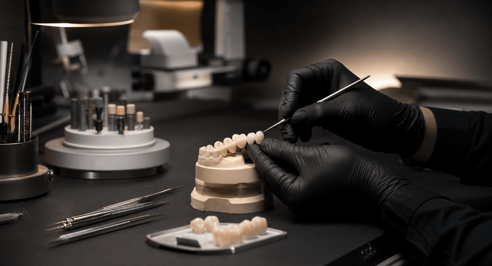 Técnico em laboratório de prótese dentária refinando uma peça cerâmica em Curitiba